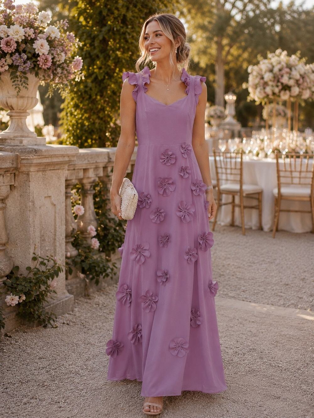 NWT Mondressy Lilac 3D Floral Appliqué Ruffle Sleeve Dress Wedding Ethereal MOTB